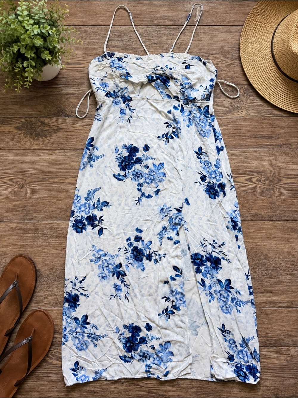 Zara Blue White Floral Midi Dress XL Linen Blend Cottagecore Side Slit